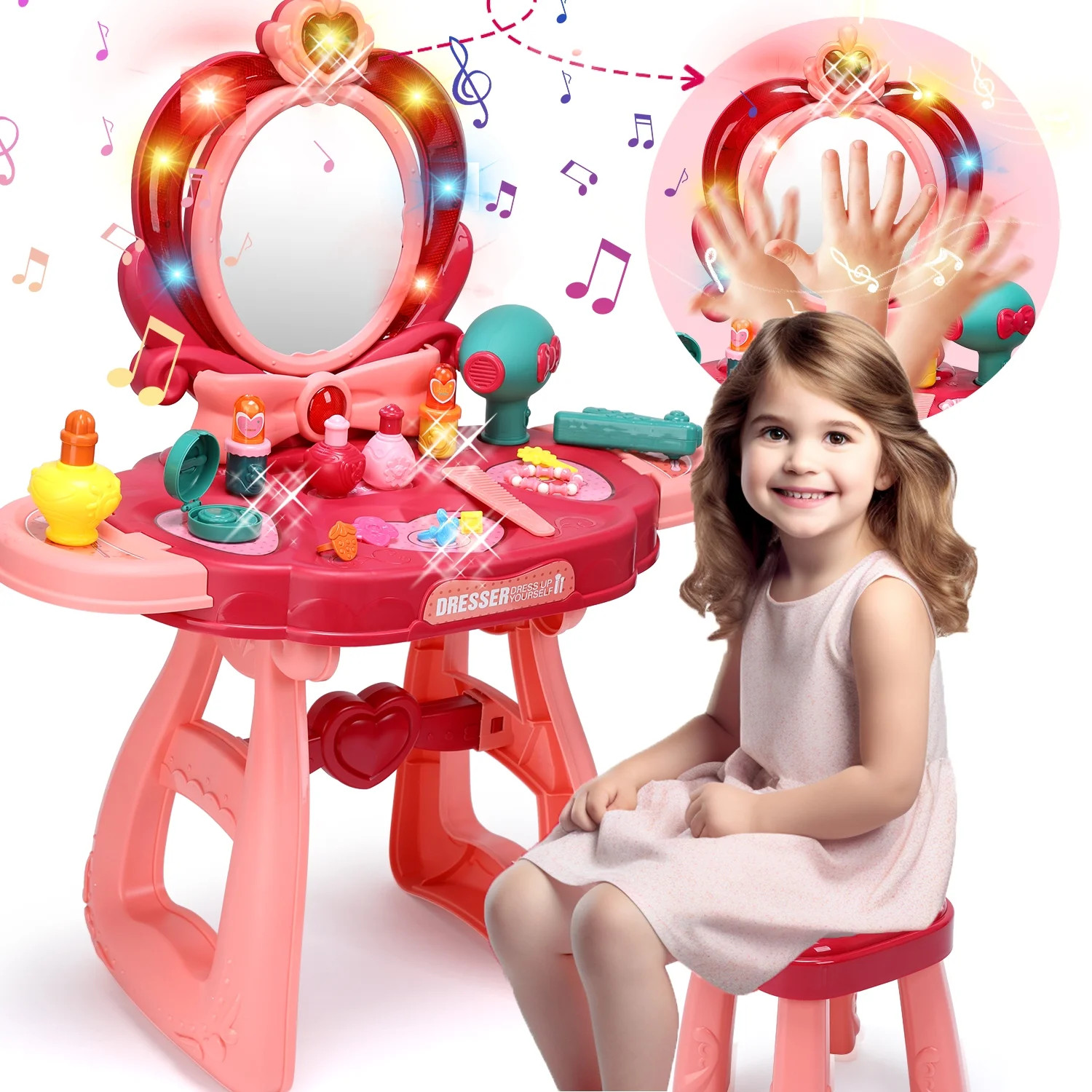 JoyStone Toddler Vanity Set, Pretend Princess Girls Vanity Table with Mirror, Cosmetics and Hair ... | Walmart (US)