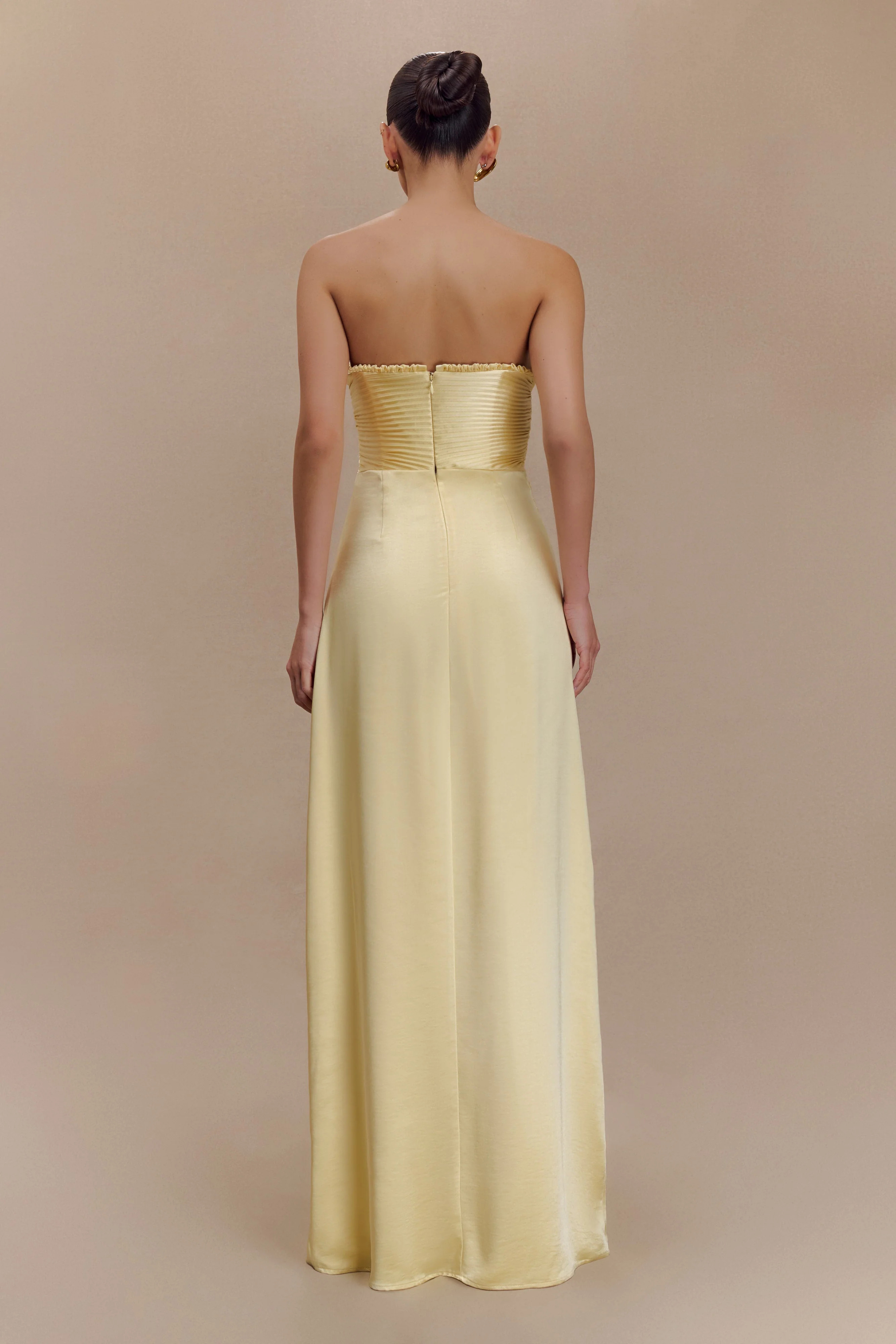 Satin Maxi Dress With Ruched Petals - Lemon | MESHKI US