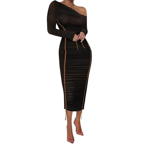 Women Sexy Mesh Maxi Dress Off Shoulder Long Sleeve Bodycon Ruched y2k Club Party Concert Night R... | Amazon (US)