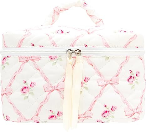 PAZIMIIK Quilted Makeup Bag Large Travel Zipper Soft Cosmetic Case for Women Girls Make Up,Bow Ro... | Amazon (US)