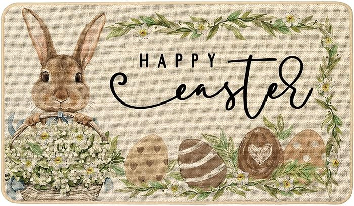 Baccessor Easter Doormat Rug 17x29 inch, Bunny Rabbit Eggs Laurel Flower Basket Welcome Door Mat ... | Amazon (US)