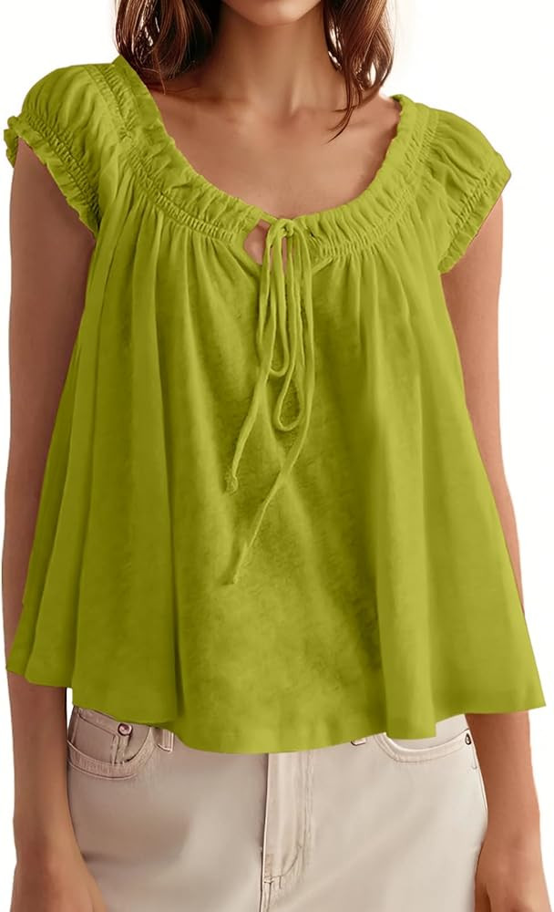 Tankaneo Women Summer Tie Front Tank Tops Cap Sleeve Pleated Babydoll Tops Casual Loose Fit Going... | Amazon (US)