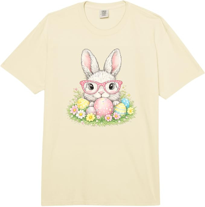 Cute Easter Bunny Glasses Spring Rabbit Pattern Comfort Colors Adult Heavyweight T-Shirt | Amazon (US)