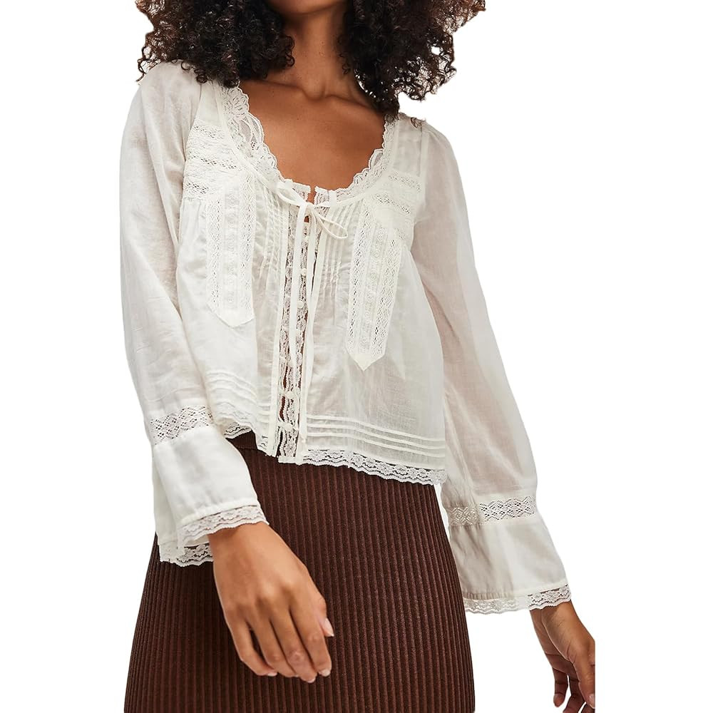 Women Tie Front Long Sleeve Top Lace Trim Button Shirt Square Neck Loose Blouse Going Out Y2k Coq... | Amazon (US)