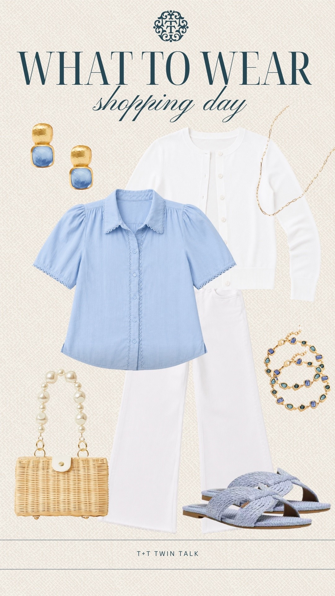 T+T, what to wear! A soft blue top paired with white denim makes this an easy shopping day look that feels comfortable but still put together. Light accessories and woven sandals keep it simple, so you can spend the day out without overthinking the outfit.

#LTKMidsize #LTKOver40 #LTKSeasonal