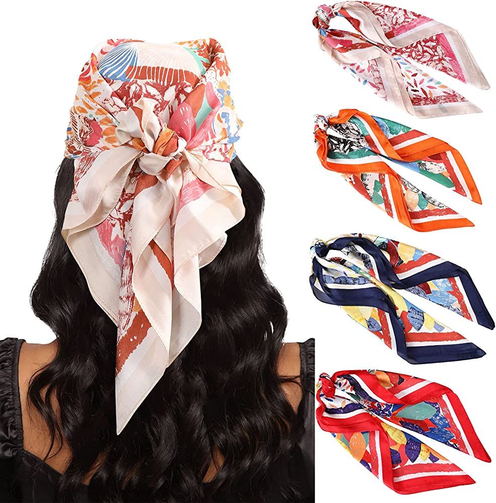 27.5” Silk Satin Square Head Scarf - 4PCS Satin Head Scarves for Women Hair Kerchief Bandanas Sleepi | Amazon (US)