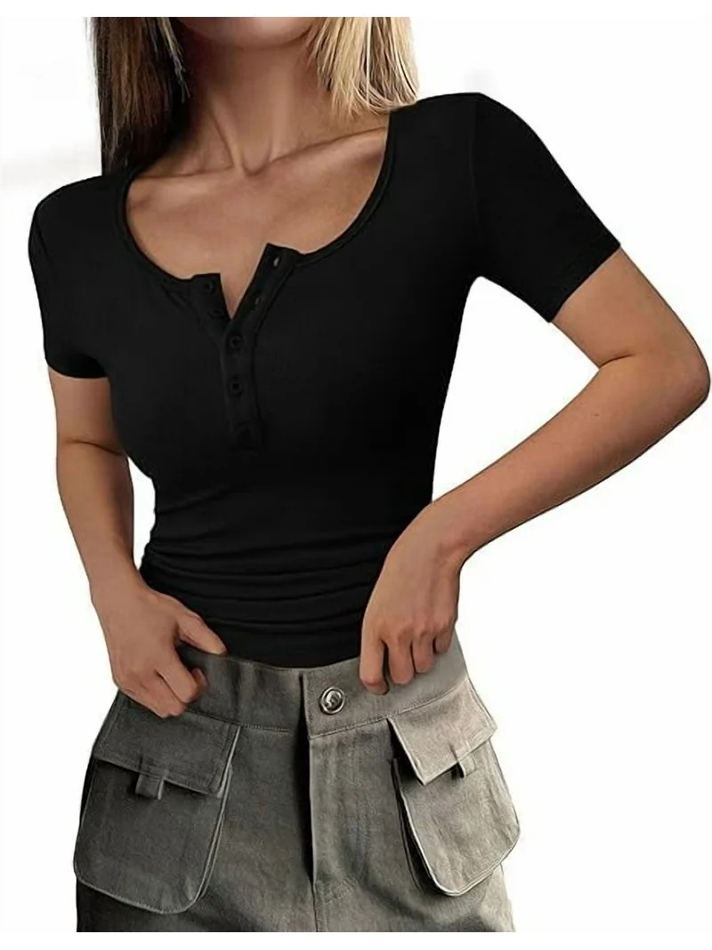 PRETTYGARDEN Women's Spring Summer Short Sleeve Tops Ribbed Henley Button Slim Fit Basic Casual T... | Walmart (US)