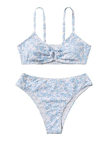 COZYEASE Girls' 2 Piece Ditsy Floral Print Knot Front Ruched Triangle Bikini Swimsuit | Amazon (US)