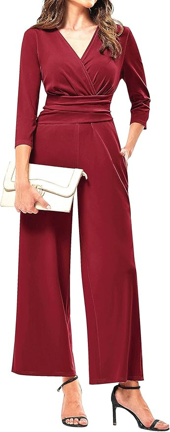 JASAMBAC 3/4 Length Sleeve Women's Jumpsuits Dressy Casual Wrap V Neck Empire Waist Romper Flowy ... | Amazon (US)