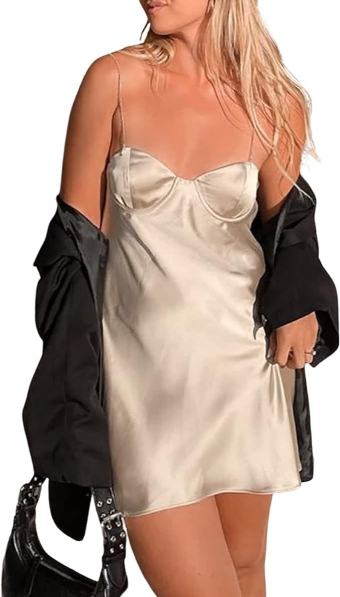 aporake Women's Spaghetti Strap Mini Dress Sexy Sleeveless Backless Bodycon Short Dresses Satin P... | Amazon (US)