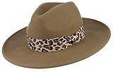 GEMVIE Women 100% Wool Fedora Hat Retro Wide Brim Satin Felt Panama Hat with Leopard Band Camel | Amazon (US)