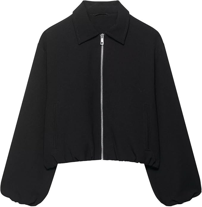 Xunger Women’s Cropped Bomber Jacket Puffed Sleeves Zip Up Trendy Casual Streetwear Outerwear w... | Amazon (US)