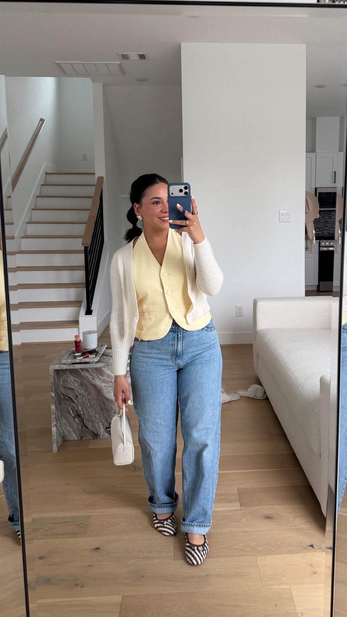 Jeans: 27 
Top: 2
Cardigan: xs 
Flats: 7 
White bag 

#LTKgrwm #LTKSeasonal #LTKootd