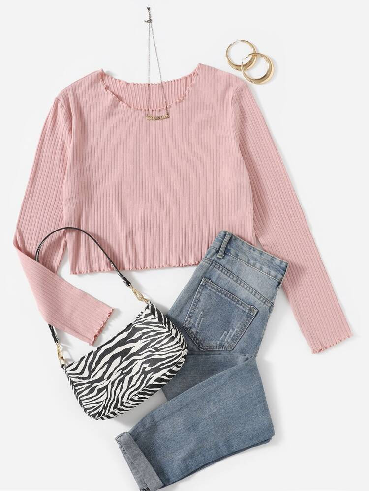 SHEIN Plus Ribbed Knit Lettuce Trim Tee | SHEIN