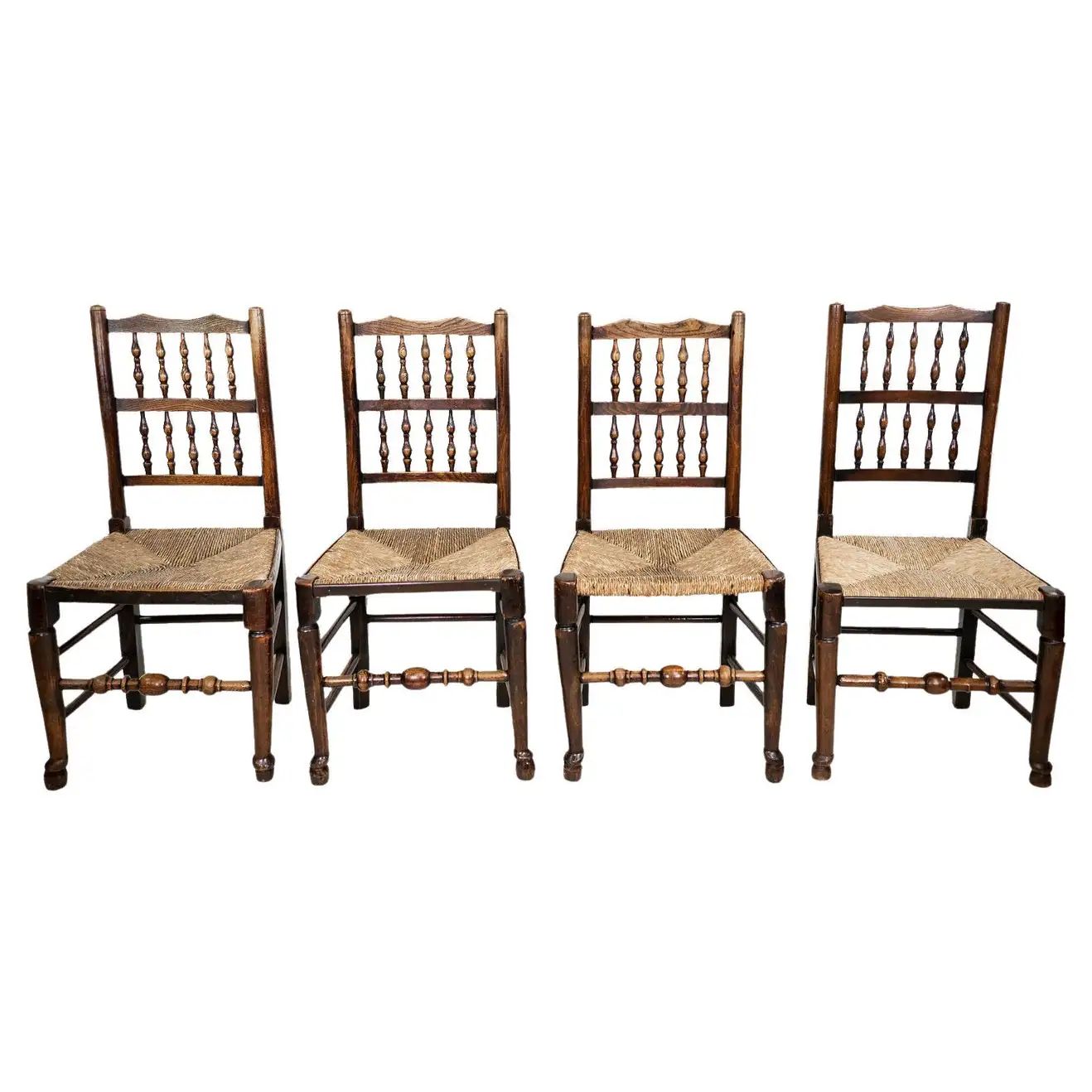 Set of Four Antique Country Farmhouse Elm and Rush Seat Dining Chairs For Sale at 1stDibs | 1stDibs