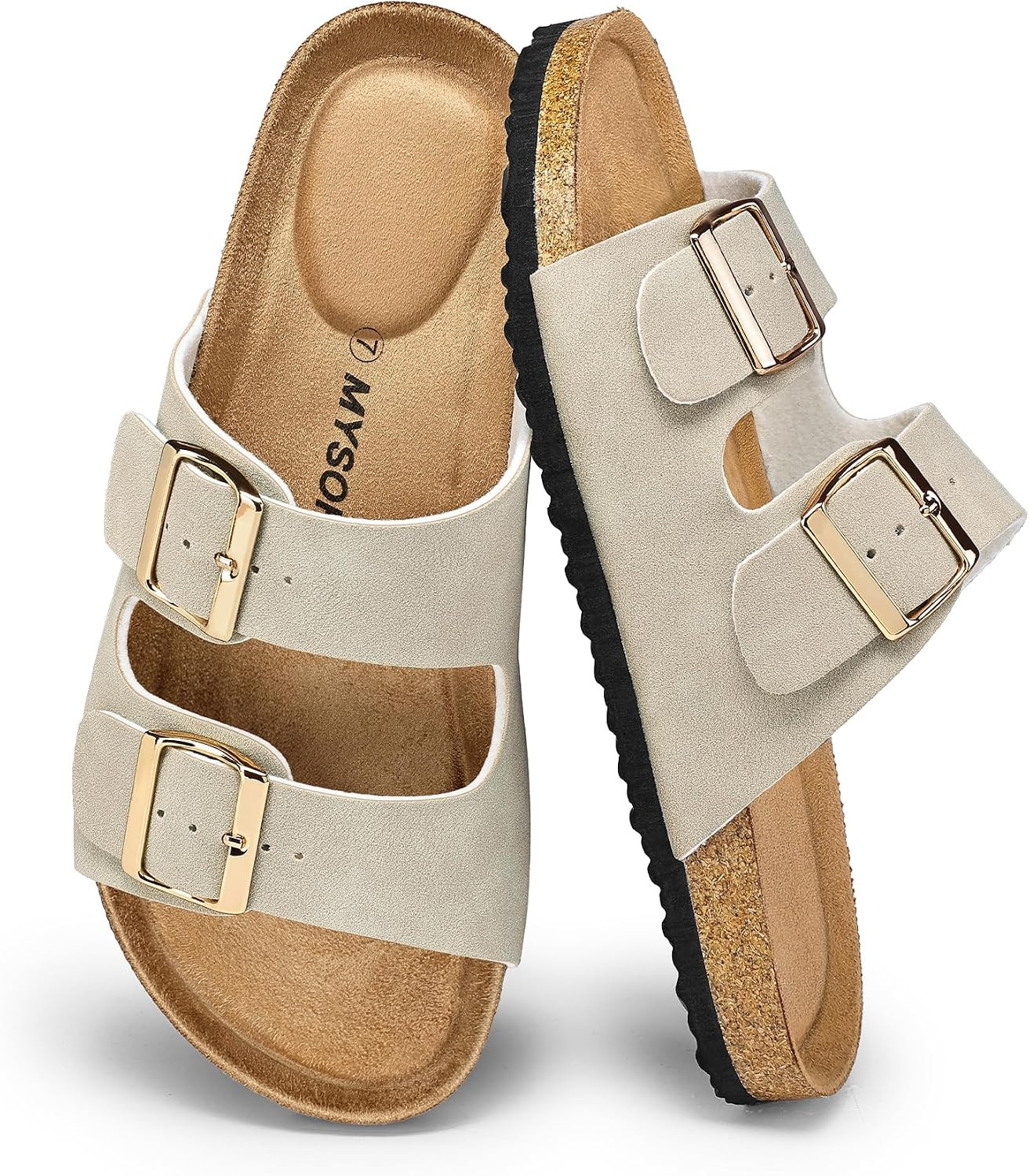 mysoft Womens Flat Sandals Cork Footbed Slides with 2 Straps | Amazon (US)