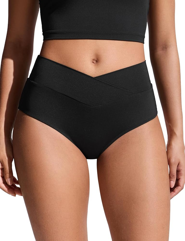 CRZ YOGA High Waisted V Cut Bikini Bottom for Women - Cross Front Bathing Swimsuit Full Coverage ... | Amazon (US)