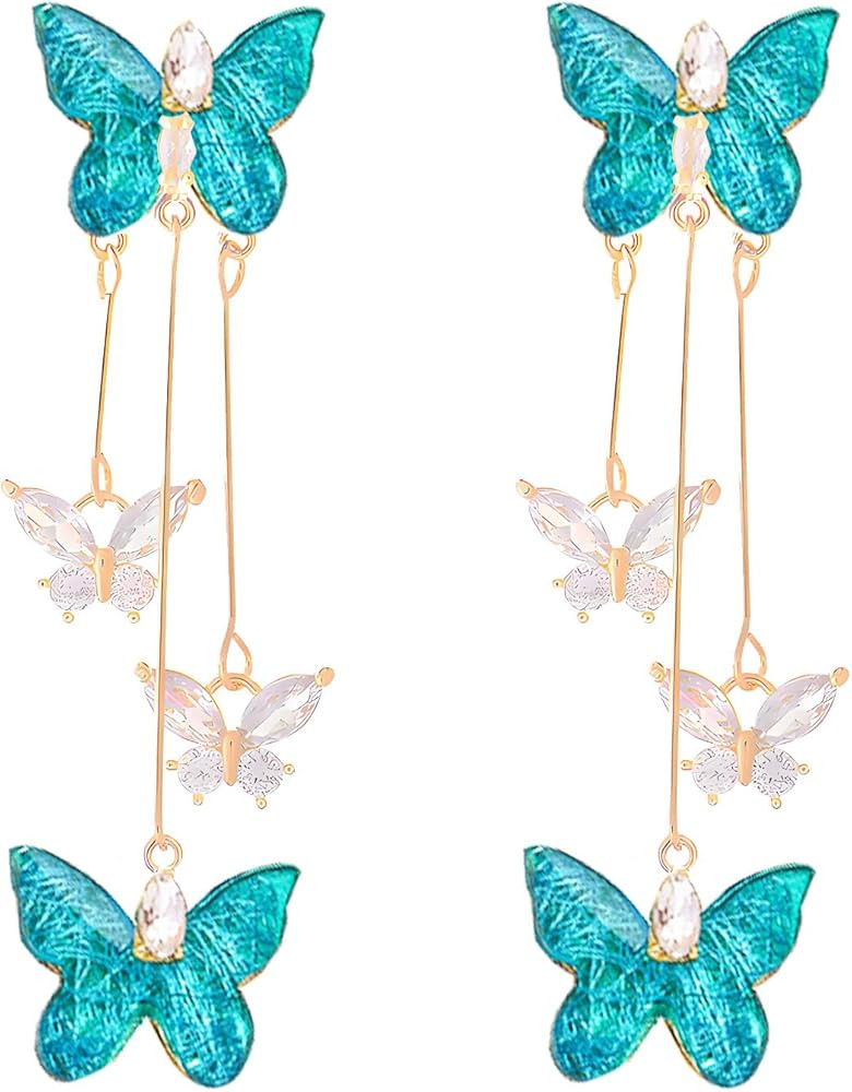 Butterfly Earrings for Women Sparkle Crystal Rhinestone Purple Butterfly Dangle Drop Earrings Lon... | Amazon (US)