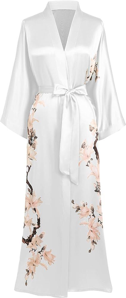 BABEYOND Kimono Robe Cover up Long Floral Satin Sleepwear Silky Bathrobe Bachelorette Robe | Amazon (US)