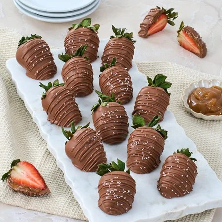 Sea Salt Caramel & Milk Chocolate Covered Strawberries | GourmetGiftBaskets.com