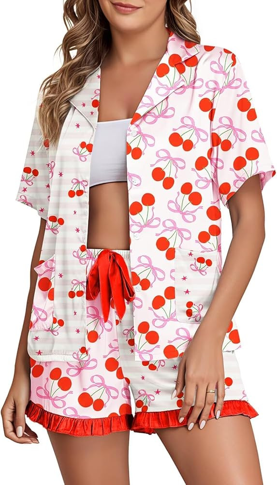 Brosloth Womens Silk Pajama Shorts Set Short Sleeve Summer Pjs Set Printed Ruffle Satin Pajamas 2... | Amazon (US)