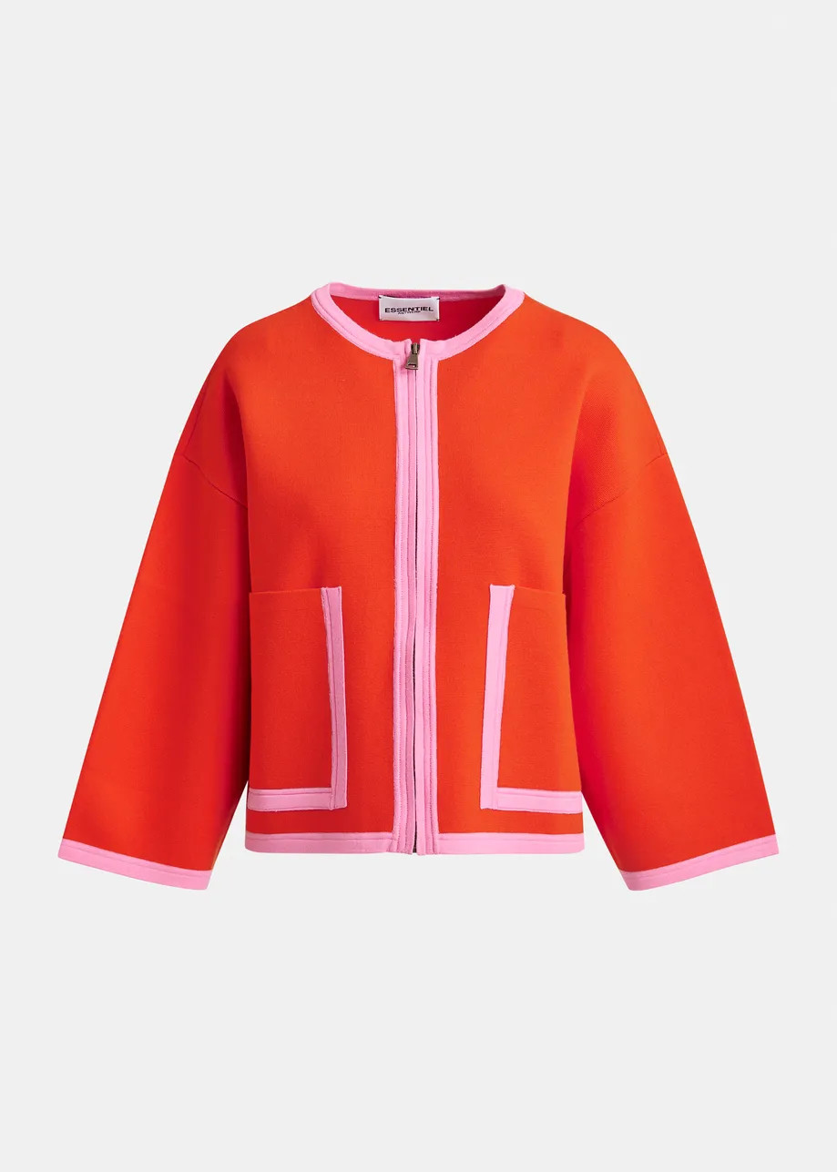 Bright orange and pink cardigan with contrasting trims and zip fastening | Essentiel Antwerp Unit... | Essentiel Antwerp