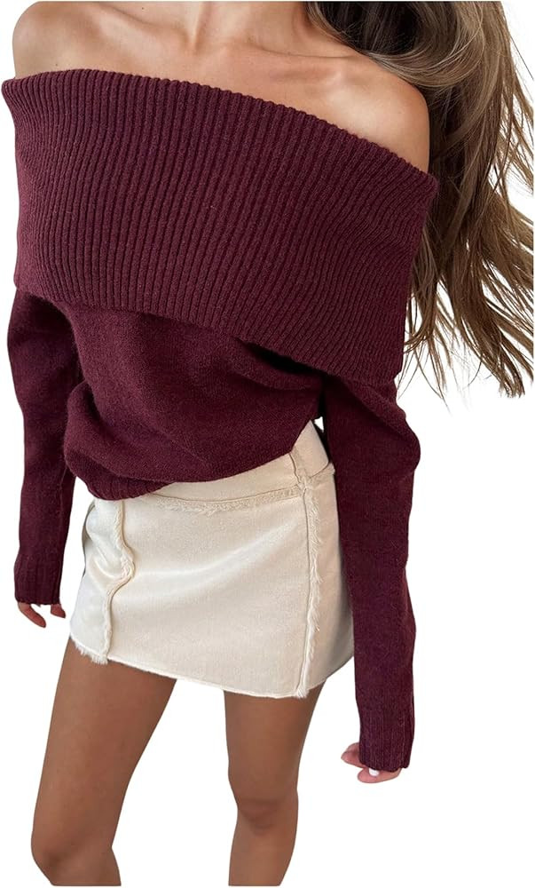 Verdusa Women's Off The Shoulder Knit Tops Long Sleeve Pullover Sweaters | Amazon (US)