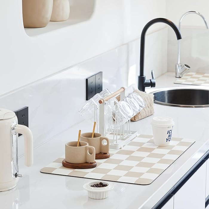Checkered Dish Drying Mat for Kitchen Counter, Coffee Bar Station Accessories, Retro Cute Aesthet... | Amazon (US)
