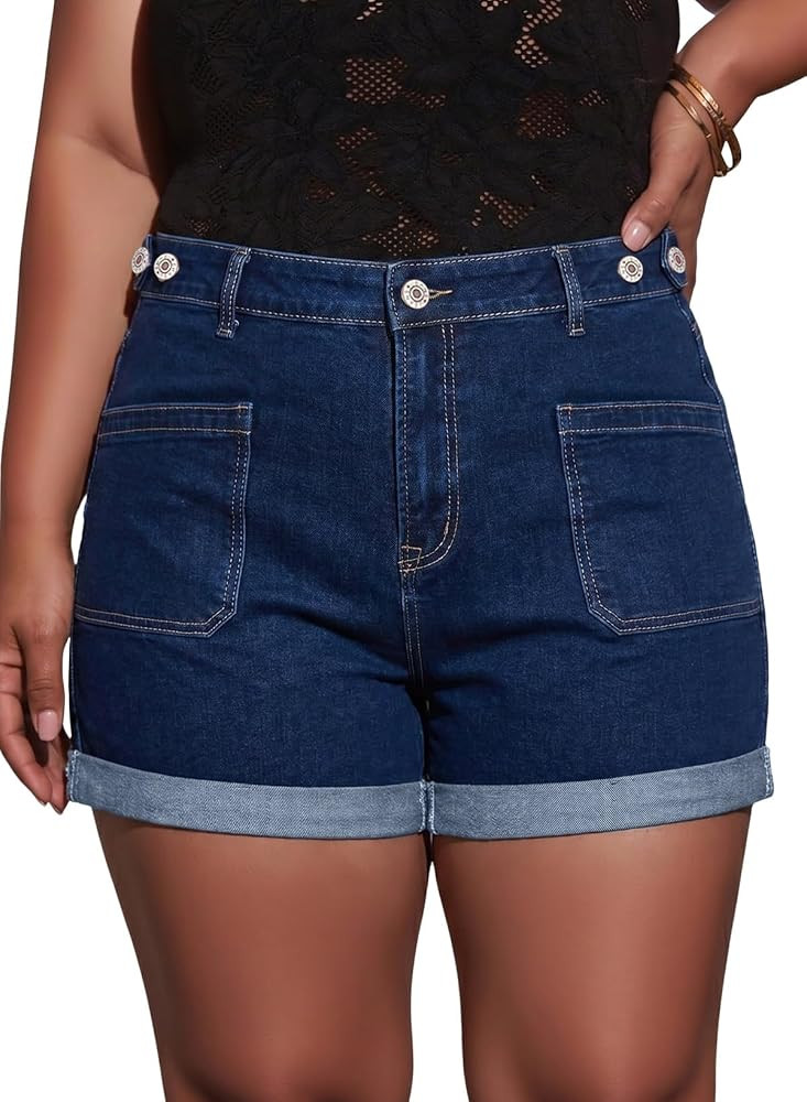 Eytino Women Plus Size Denim Shorts Trendy Stretch High Rise Rolled Hem Summer Casual Jean Shorts... | Amazon (US)