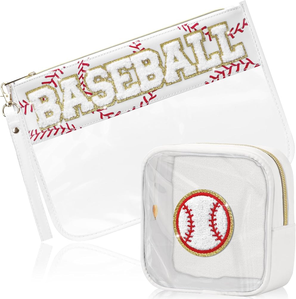 2 Pcs Baseball Gifts Cosmetic Makeup Bag with Chenille Letter Patch, Clear Pouch PVC Organizer Pu... | Amazon (US)
