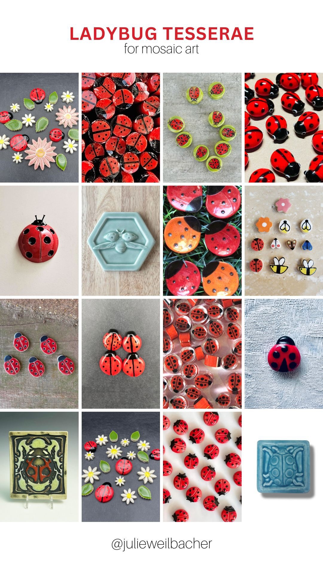 You can’t help but smile when you spot a ladybug in the garden. 🐞 They’re adorable much like these ladybug materials for crafts, mosaic art, and home decor projects. 🐞 This collection features handmade ceramics and glass murrini. 🐞 For mosaic tips, tutorials, inspiration, and so much more please visit my YouTube channel: YouTube.com/julieweilbacher. Follow @julieweilbacher on Instagram for all things mosaic art. ladybug - mosaic - gifts for gardeners - diy summer crafts - ceramics - mosaic art - tile crafts - summer crafts - handmade tile

#LTKHome #LTKFindsUnder100 #LTKGiftGuide