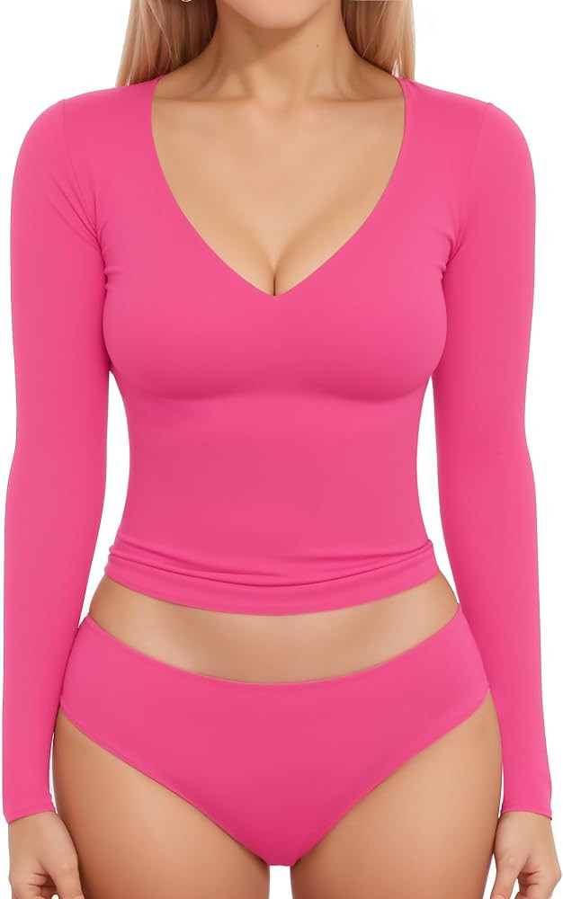 MANGOPOP Women's Double Lined Long Sleeve Tops V Neck T Shirts Fitted Basic Tee | Amazon (US)