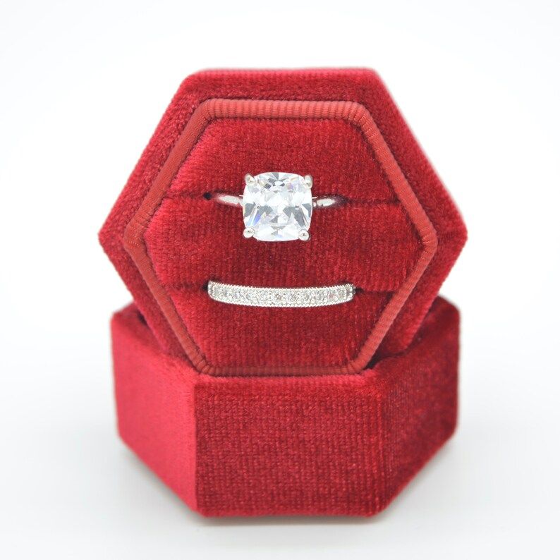 Hexagon Velvet Ring Box in Red | Double Ring Slot | Engagement Ring Box | Wedding Ring Box | Velv... | Etsy (US)