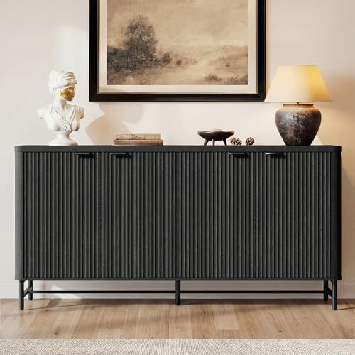 Fatmok 65" Buffet Cabinet with Storage, Fluted Credenza Sideboard with 4 Doors & Adjustable Shelves, Large Coffee Bar Console Table for Dining Room, Living Room, Entryway, Black Grey | Amazon (US)