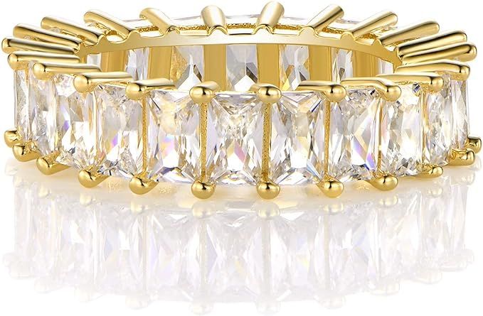 hwojjha 14K Gold Plated Ring Cubic Zirconia Emerald Cut Eternity Ring Band for Women Men | Amazon (US)