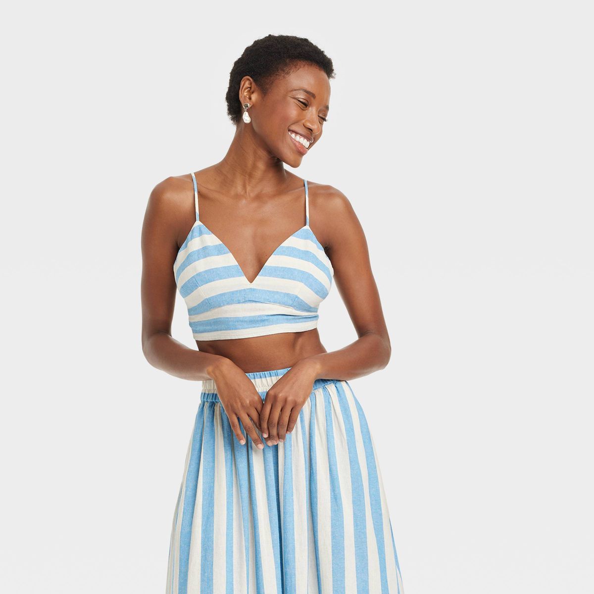 Women's Beach Bungalow Linen Bralette Tank Top - A New Day™ Blue/White Striped XS | Target