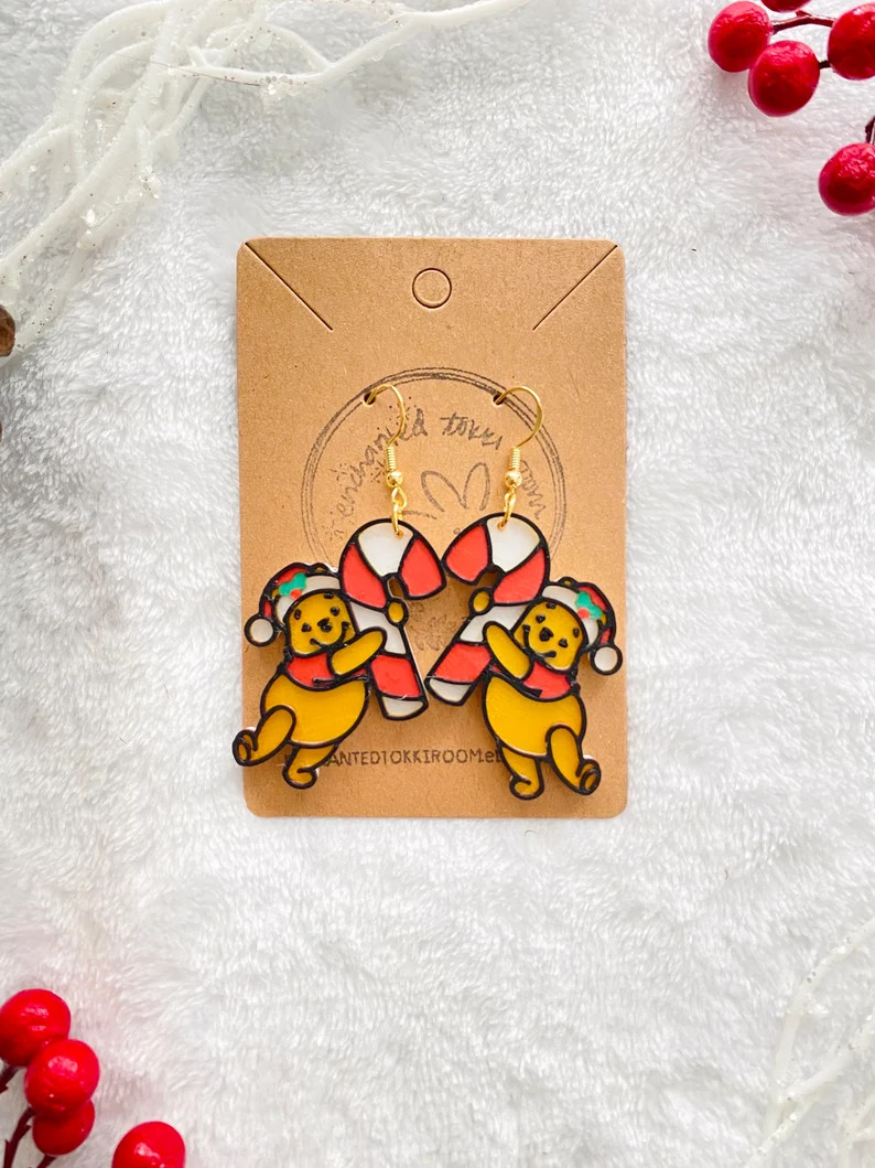 Winnie the Pooh Christmas Earrings 3D Printed Pooh Bear Holiday Christmas Earrings Handmade Xmas ... | Etsy (US)