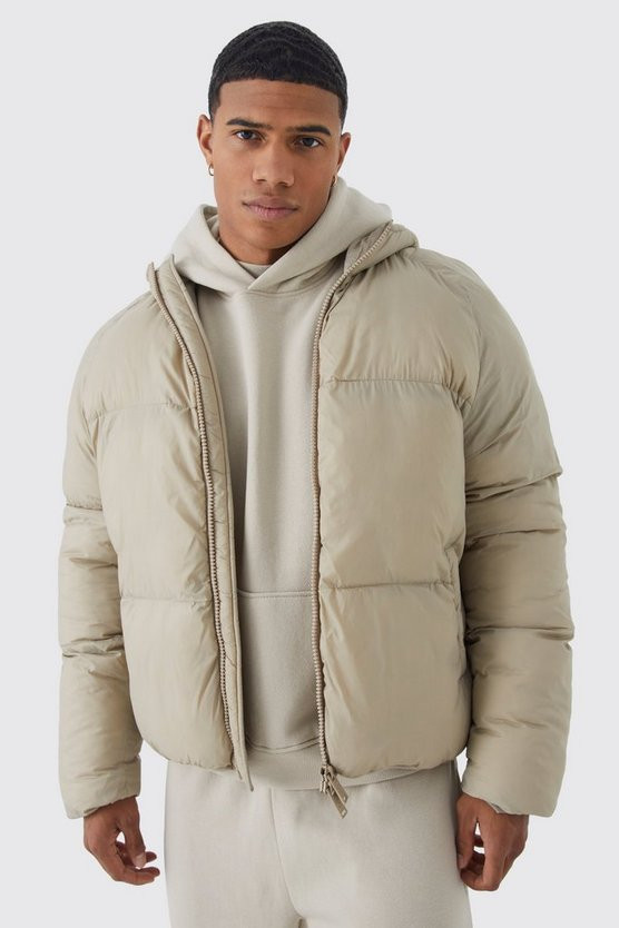 Sheen Quilted Nylon Puffer With Hood | boohooMAN (US & Canada)
