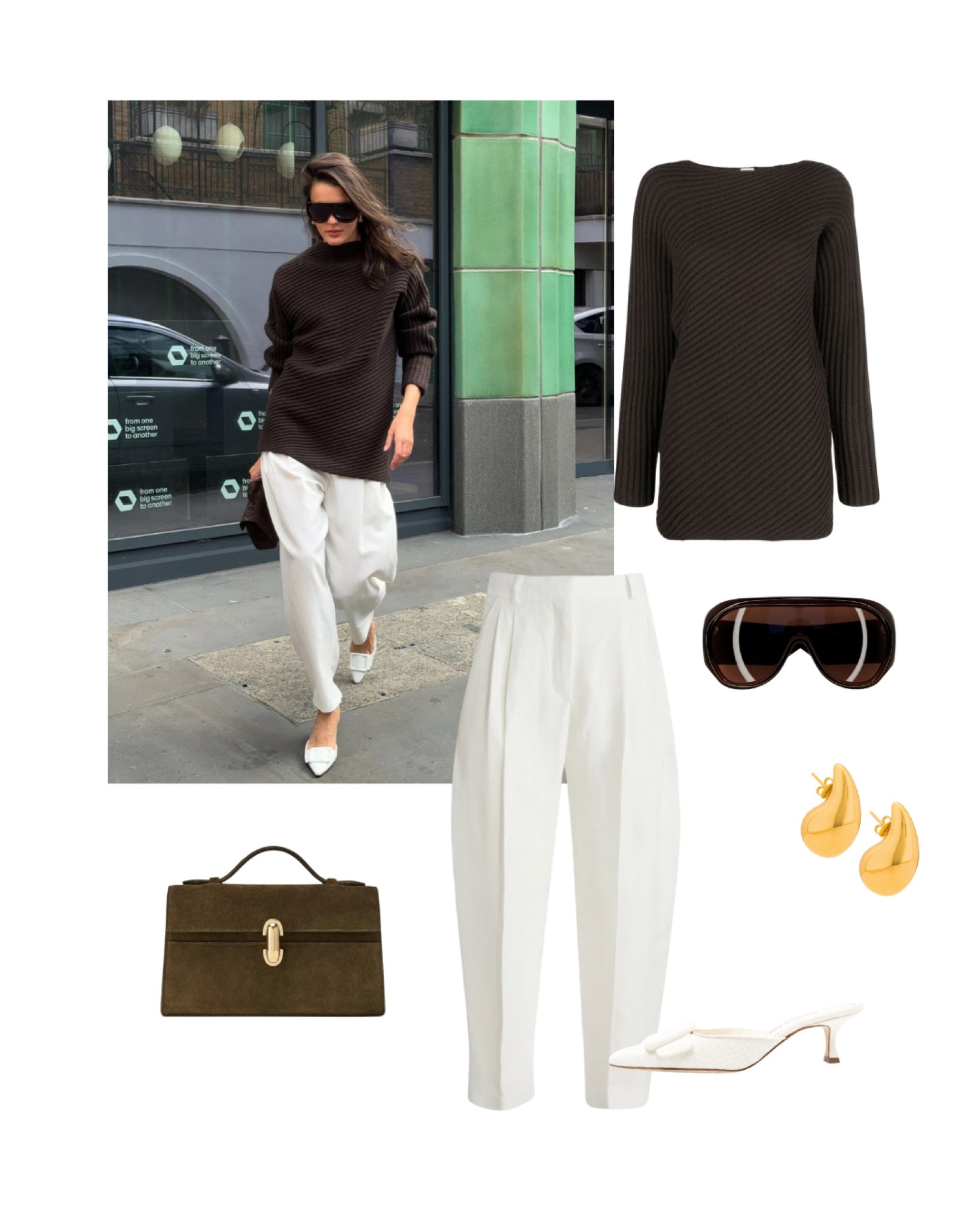 What to wear when the weather doesn’t know if it’s summer or winter ?
Mix up textures : a brown chunky knit with white slouchy pants & pretty white mules ! Add a brown suede bag and major sunglasses : done,
Now steal her style 👇

#LTKaustralia #LTKstyletip #LTKshoes