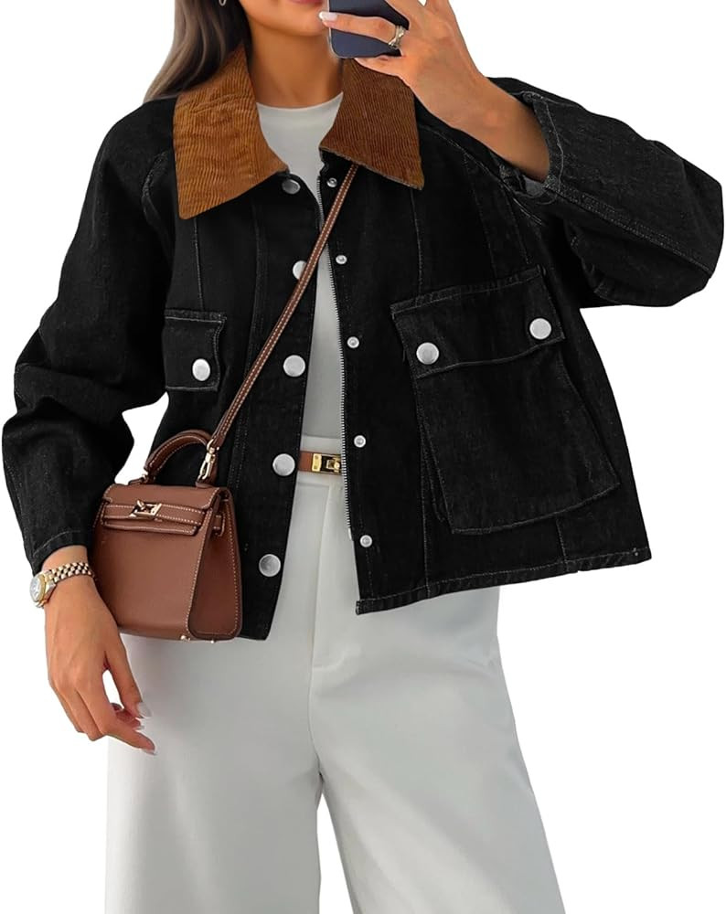 Cicy Bell Womens Cropped Denim Jackets Patchwork Corduroy Collar Barn Jean Jackets Snap Button Co... | Amazon (US)