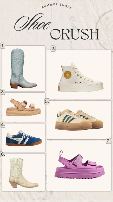 My current shoe crushes! My go to shoes this summer! Sneakers, sandals, boots, summer outfit, spring outfit, festival shoes 

#LTKstyletip #LTKshoecrush #LTKSeasonal