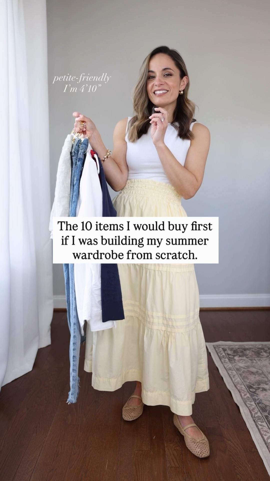 If I was building my summer wardrobe from scratch, these are the 10 items I would buy first! 

Linen shorts (Quince): 0 
Cotton skirt (Quince): xs 
Denim shorts (Madewell): 25 - sized up 
Light wash jeans (J.Crew Factory): 24 classic | 26.5” inseam | they also come in petite with a 24.5”
Inseam 
Boatneck top (Quince): xs 
Statement top (Gap): xxs 
Oversized button down (Quince): xs 
Cropped cardigan (Old Navy): petite xs 
Woven flats (J.Crew Factory): tts, also linked a similar 
Strappy sandals (Dolce Vita): tts 

My measurements for reference: I’m 4’10” and 105lbs. My bust, waist, and hip measurement is 32”, 24”, and 36”.


#LTKPetite