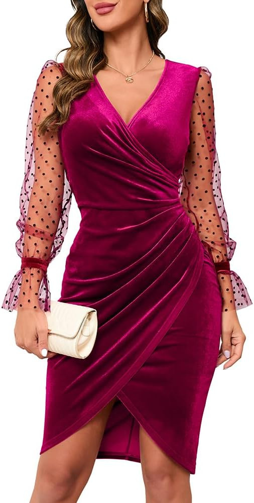 IHOT Women's Sexy V Neck Long Sheer Sleeve Velvet Faux Wrap Ruched Sheath Bodycon Cocktail Party Dress | Amazon (US)