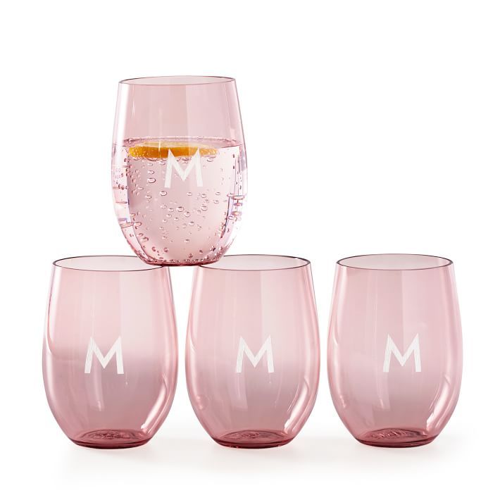 Acrylic Stemless Wine Glasses, Set of 4, Blush, Monogrammed | Mark and Graham