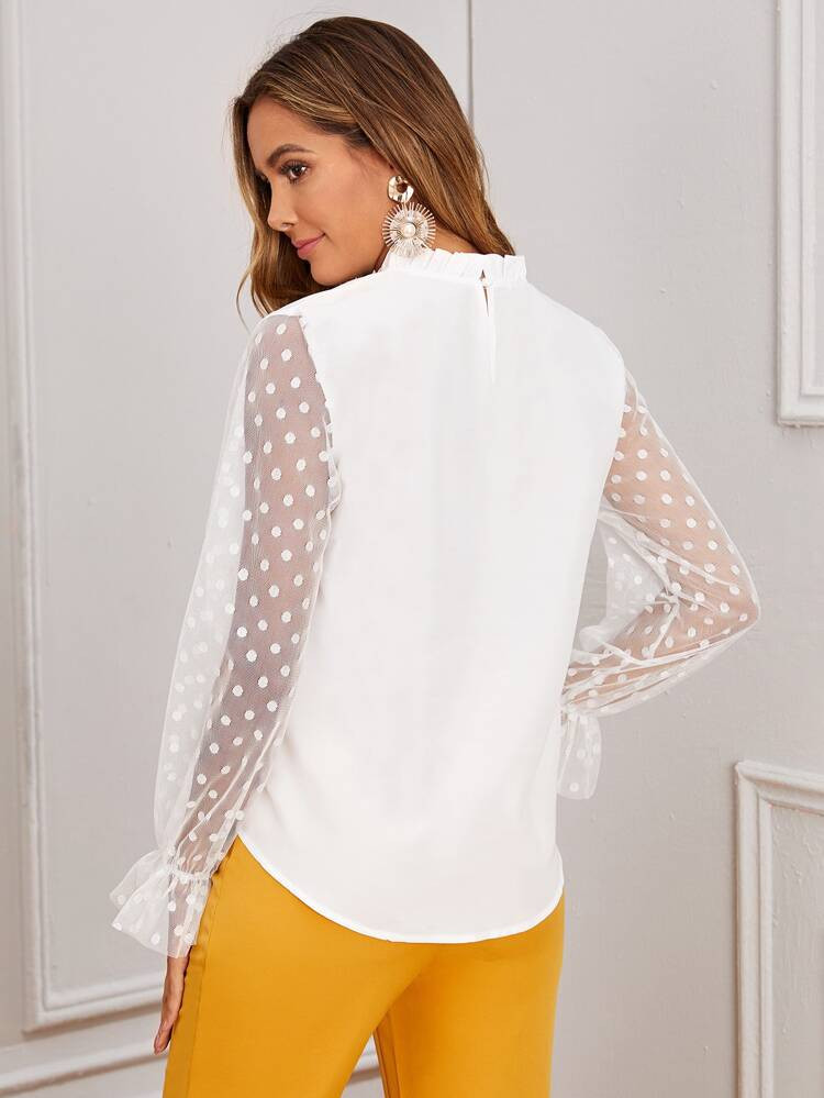 Dobby Mesh Flounce Sleeve Keyhole Back Blouse | SHEIN