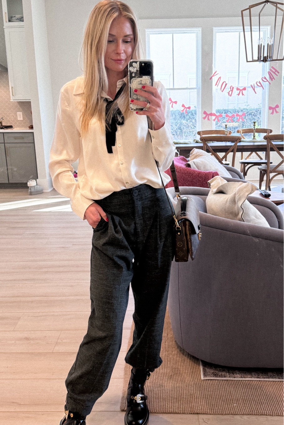Trouser pants, women’s paperbag pants, bow tie women’s shirt, women’s blouse, women’s black leather boots, combat boots 

#LTKStyleTip #LTKShoeCrush #LTKFindsUnder100