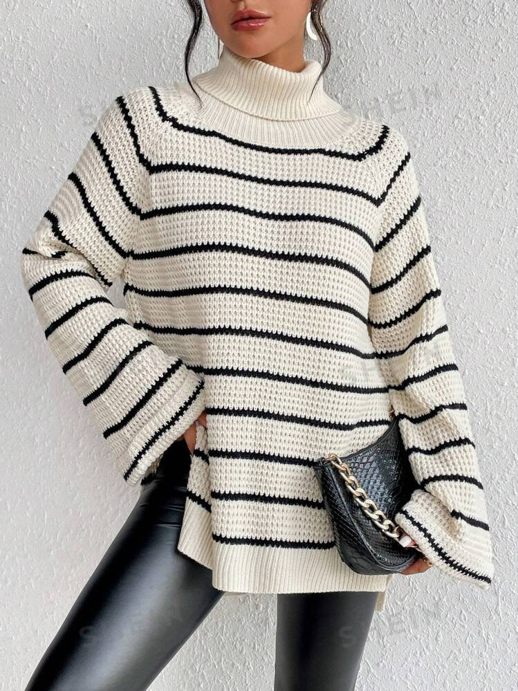 SHEIN Relaxiva Striped Pattern Turtleneck Raglan Sleeve Split Hem Sweater | SHEIN