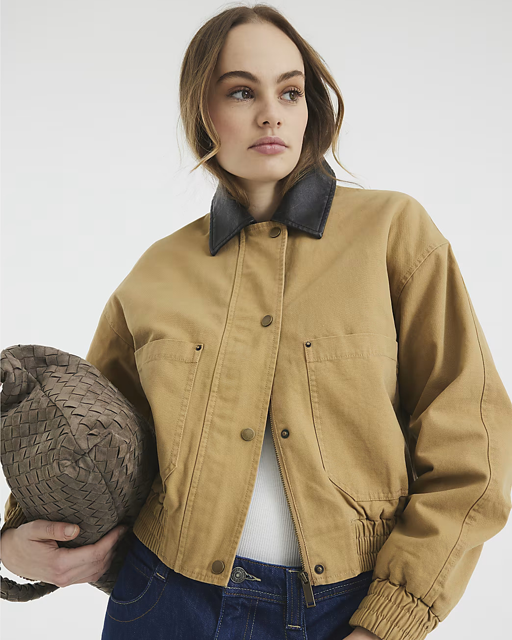 Beige Faux Leather Collar Bomber Jacket | River Island UK & IE