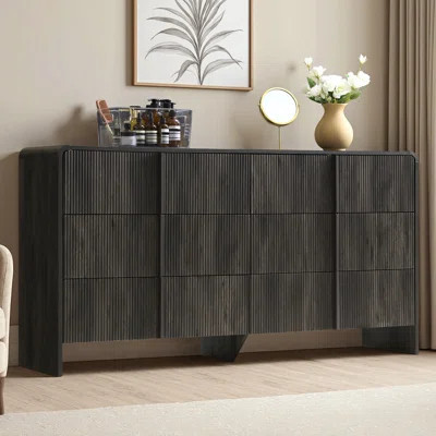 Modern 6 Drawer Dresser with Fluted Front and Curved Corners, 63" Wide Storage Chest with Pine Handles | Wayfair North America