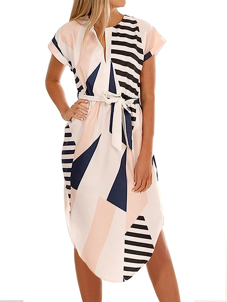 TEMOFON Women's Dresses Summer Floral Geometric Pattern Short Sleeve Midi V-Neck Casual Dress with B | Amazon (US)